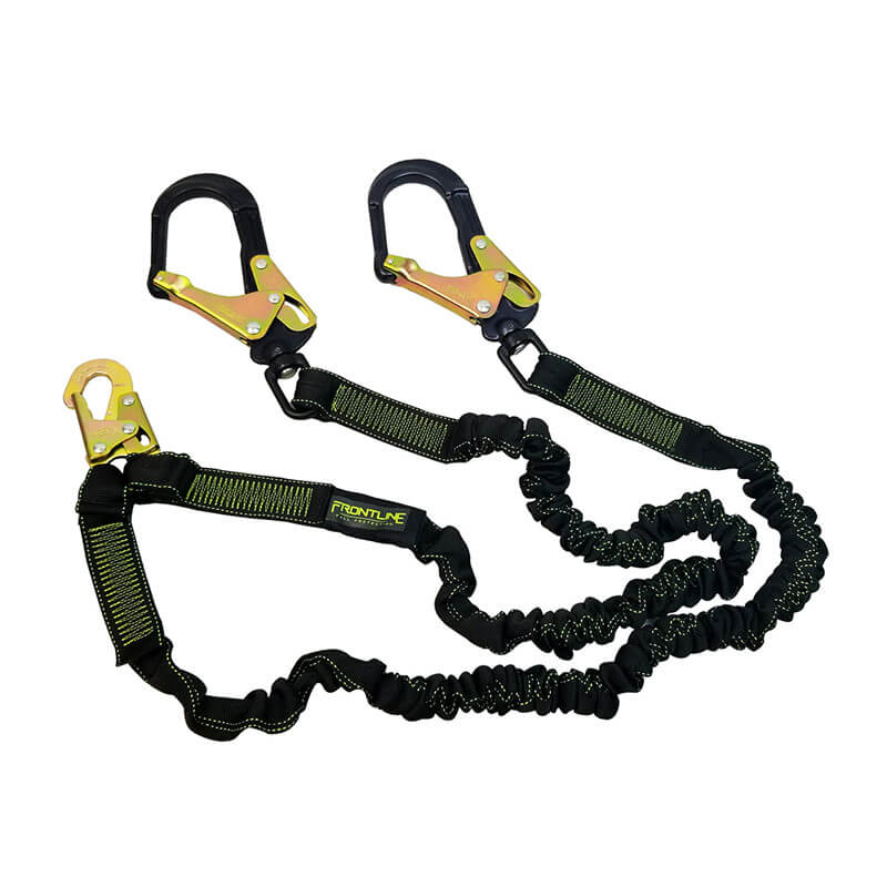 The Frontline Fall Protection Elite Elastic 6' Twin Leg Aluminum Rebar Hook Lanyard features black and yellow design, two large aluminum rebar hooks, a small snap hook, and built-in shock absorption for reliable safety on site.
