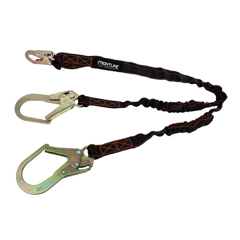 The Frontline Fall Protection Combat Twin Leg 6' Lanyard w/Shock Absorber features black webbing with orange stitching, two large rebar hooks, and one small hook for fall protection in construction or industrial settings.