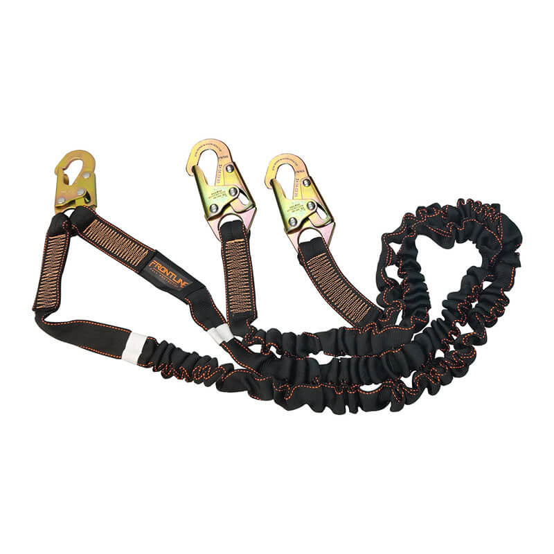 The Frontline Combat Twin Leg 6' Lanyard w/Shock Absorber by Frontline Fall Protection features black webbing, orange stitching, two large rebar hooks, and one small hook for industrial fall protection.
