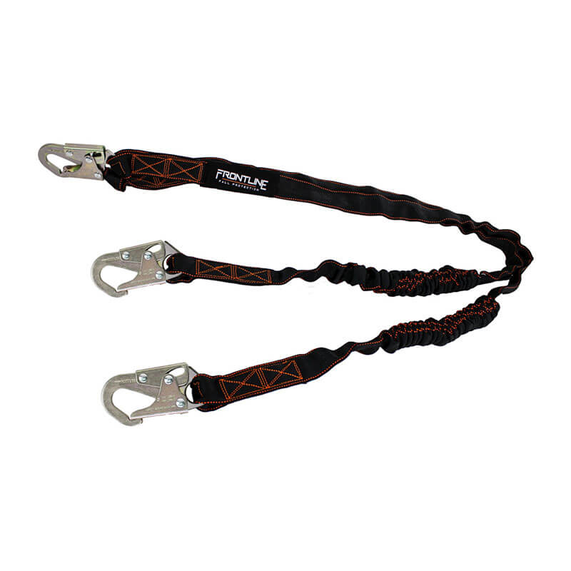 The Frontline Combat Twin Leg 6' Lanyard w/Shock Absorber by Frontline Fall Protection features double black legs, orange stitching, three metal rebar hooks, and an internal shock absorber for construction or industrial fall protection.