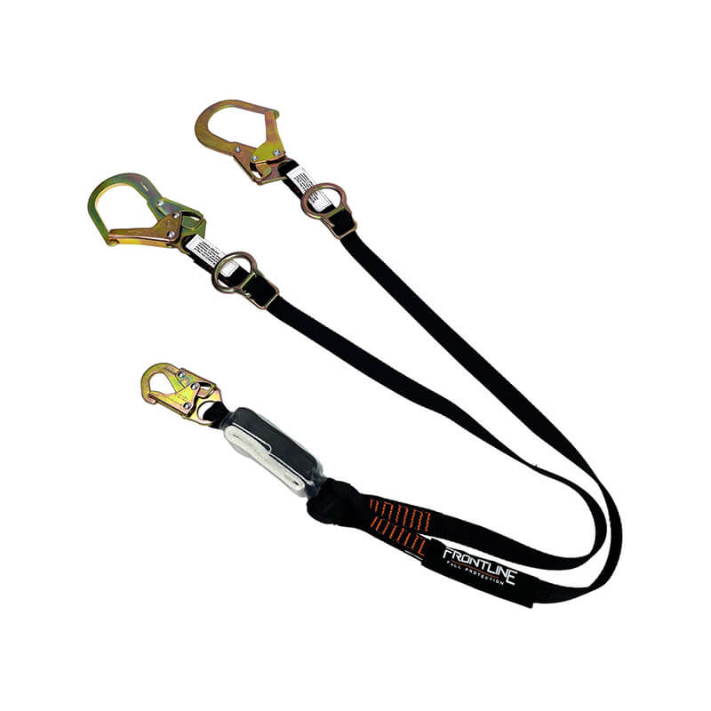 The Frontline Combat 6' Tie-Back Twin Leg Lanyard w/Shock Absorb by Frontline Fall Protection features black double legs, a silver shock absorber, metal connectors, and two large yellow-gold hooks for reliable fall protection.