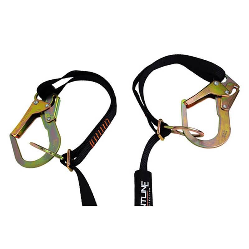 Two Frontline Combat 6' Tie-Back Twin Leg Lanyards by Frontline Fall Protection are shown, featuring black straps with orange stitching, black tags with white text, and large gold spring-loaded hooks.