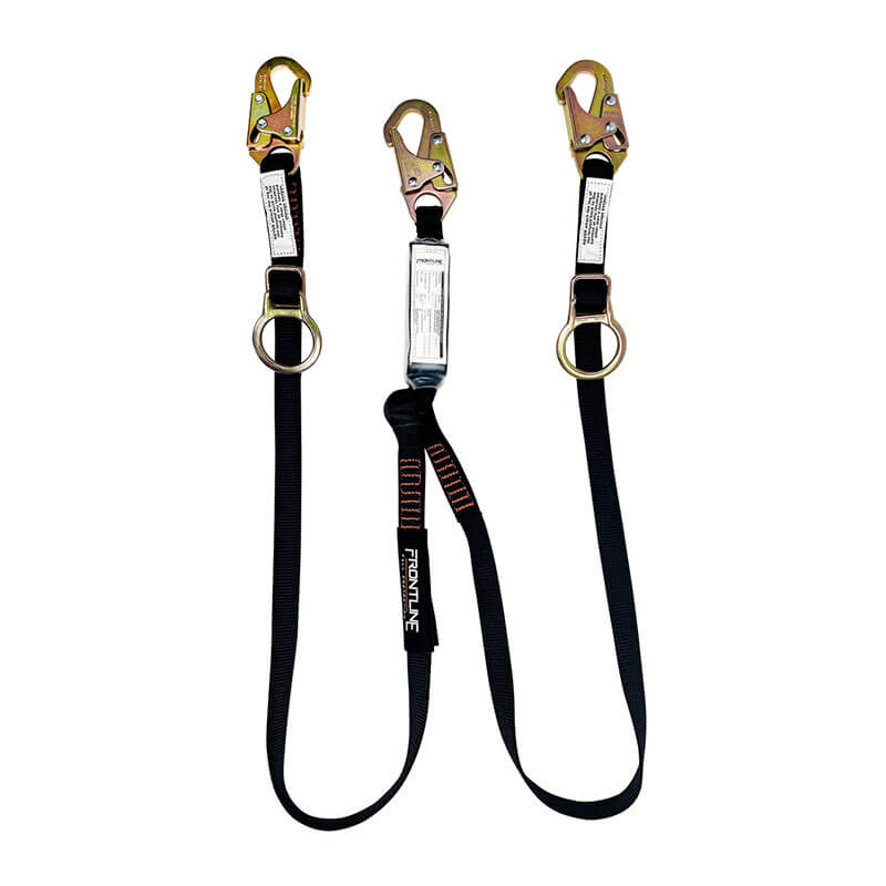 The Frontline Combat 6' Tie-Back Twin Leg Lanyard w/Shock Absorb by Frontline Fall Protection features two metal snap hooks, reinforced stitching, durable metal rings, and a shock absorber for reliable fall protection at heights.