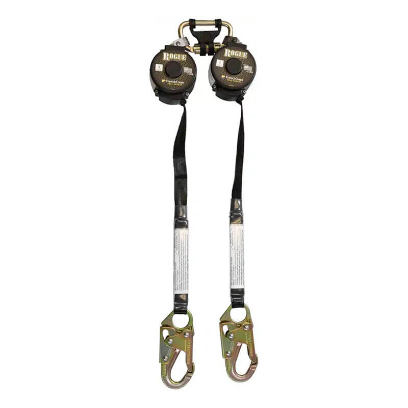 The French Creek Production Rogue SRL Dual-Leg M2RG-0Z features black straps, metal hooks, a top carabiner connection, and a centrifugal braking mechanism for superior fall protection in personal fall arrest systems.