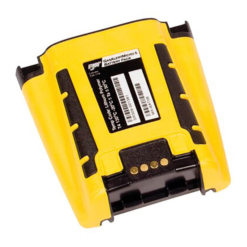 The BW Micro 5 Lithium Polymer Rechargeable Battery Pack by BW Technologies by Honeywell is a yellow and black rectangular battery with four metal contact points, ideal for the BW Micro 5 PID multi-gas detector and other gas monitor parts.