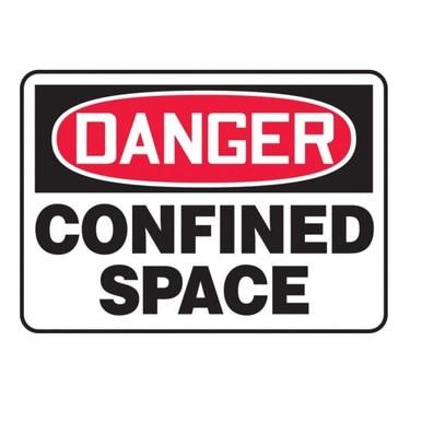 The OSHA Danger Safety Sign: Confined Space, by AccuformNMC, is an adhesive warning sign featuring "Danger" in a red oval and "Confined Space" in bold black letters, designed to indicate a hazardous area that requires cautious access.