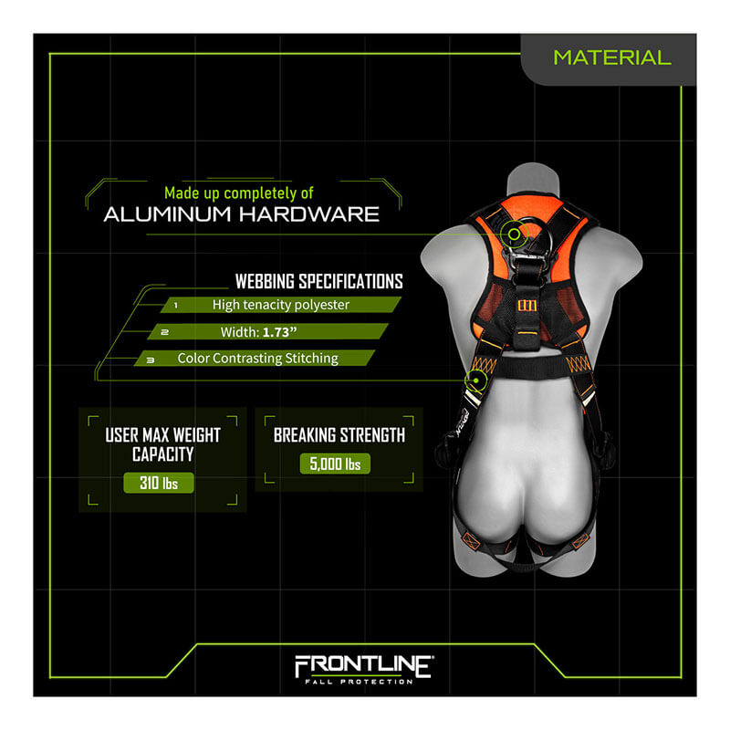 A Frontline Fall Protection Combat Lite Vest Harness Aluminum HW & Straps on a mannequin, featuring aluminum hardware, 1.73" high tenacity polyester straps, contrast stitching, fall protection, trauma straps, and 310 lbs max user weight.