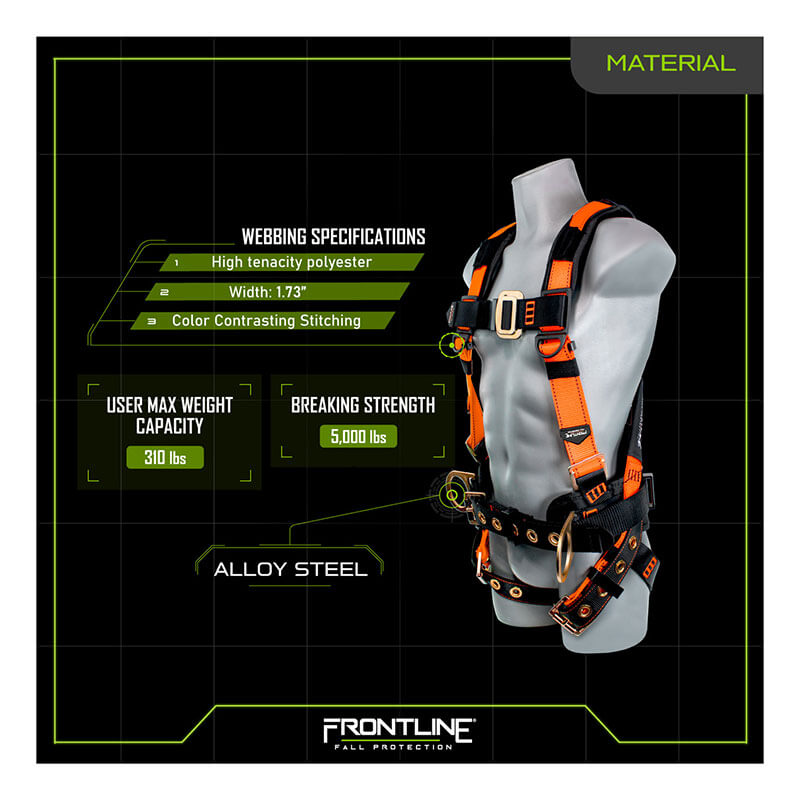 The Frontline Combat Harness w/Tongue Buckle Belt & Legs 50CTB by Frontline Fall Protection, shown on a mannequin, features orange/black webbing, adjustable straps, 310 lb weight capacity, 5,000 lb breaking strength, and alloy steel hardware.