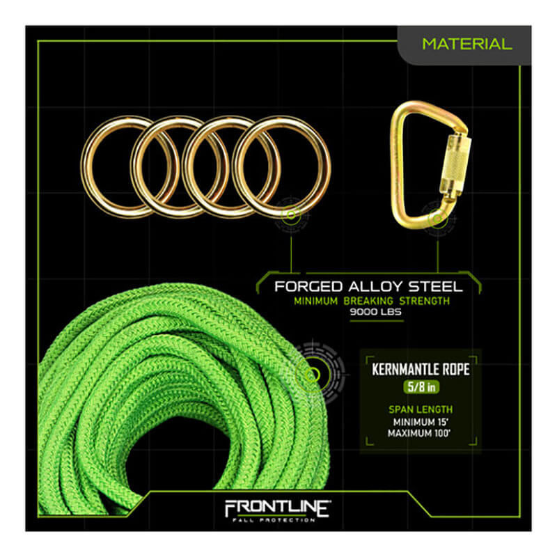 The Frontline 4-Person 100' Adj. HL System w/6' Anchor Straps by Frontline Fall Protection features forged alloy steel hardware (9000 lbs strength) and a 5/8" kernmantle rope, displayed on a black grid background.