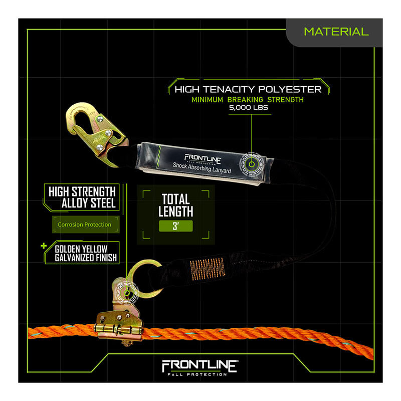 The Frontline Fall Protection Self-Tracking Rope Grab for 5/8" rope includes a 3' high tenacity polyester shock-absorbing lanyard with a golden yellow galvanized steel hook, supporting up to 5,000 lbs and compatible with vertical lifeline systems.