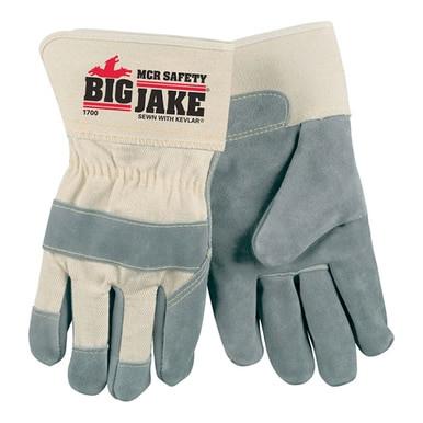 The MCR Memphis Big Jake Premium Leather Palm Work Glove 1700, by MCR Safety, offers heavy-weight side cowhide leather with reinforced palms and fingers. The left glove features a leather palm for safety and showcases the "Big Jake" logo, "MCR Safety," and "Sewn with Kevlar thread." Available in gray and beige.