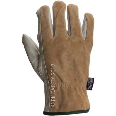 The image displays an individual brown and white work glove labeled "© PK Safety 2012" along the side. Crafted from split grain cowhide leather, it showcases a reinforced cuff and keystone thumb, reflecting the robust design of the MCR Safety 3205 Split Back Drivers Glove from MCR Safety.