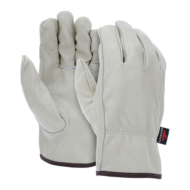 A pair of white MCR Memphis Keystone Drivers Gloves 3211 with dark green trim around the wrist area, laid out flat with one glove displaying the palm side and the other showing the back, reminiscent of those from MCR Safety.