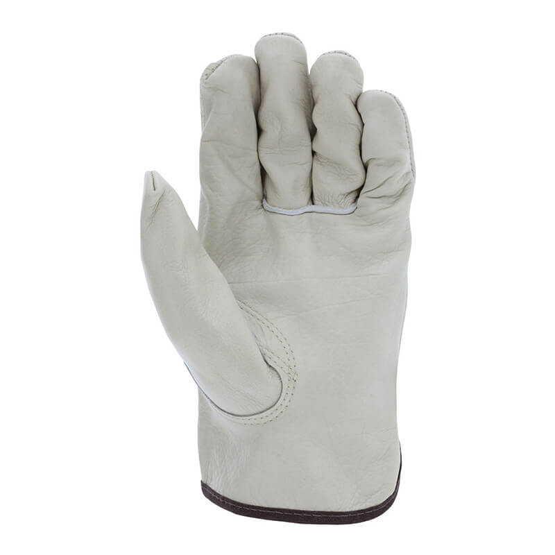 The MCR Memphis Keystone Drivers Glove 3211, made of white leather with visible stitching, stands upright. Designed for safety and protection, it is perfect for industrial or construction environments. The words "PK Safety 2012" are subtly printed on the glove.