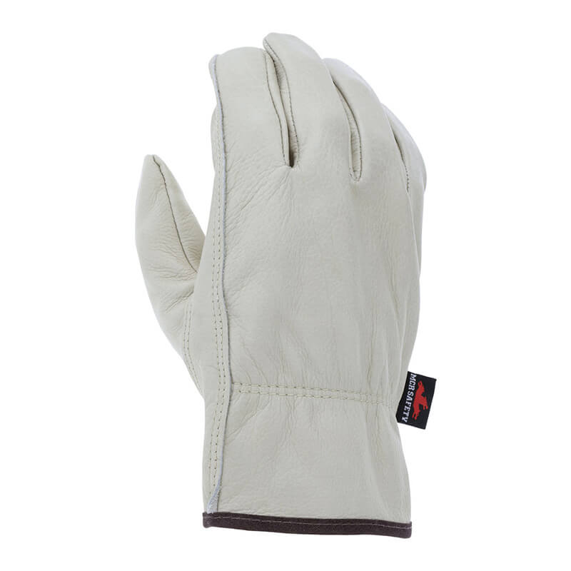 A white MCR Memphis Keystone Drivers Glove 3211, featuring visible stitching and black piping at the wrist, is branded with "PK SAFETY 2012" along the side. The glove is presented palm forward, highlighting its quality craftsmanship.