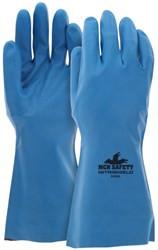 A pair of MCR Blue 15 mil Unl Metal Detect NBR nitrile safety gloves by MCR Safety, perfect for applications in the food industry, showcasing a logo and text on the wrist area. The gloves are arranged with one placed flat and the other standing upright, prominently revealing the palm and finger sections.