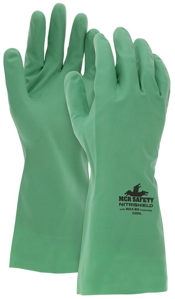 A pair of rubber gloves in green, branded as "MCR Safety NitriShield," featuring an 8 mil biodegradable unlined nitrile material that offers MAX-solvent resistance and puncture protection. The gloves are displayed standing upright, highlighting both the front and back views.