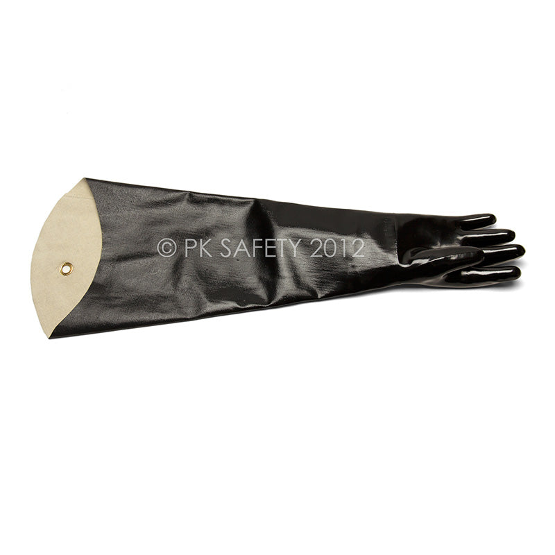 The MCR Safety Memphis Black Jack Shoulder Length Glove 6950 features durable black rubber, a beige cuff with a metal-reinforced hole, and is designed for full arm protection in safety or industrial settings.