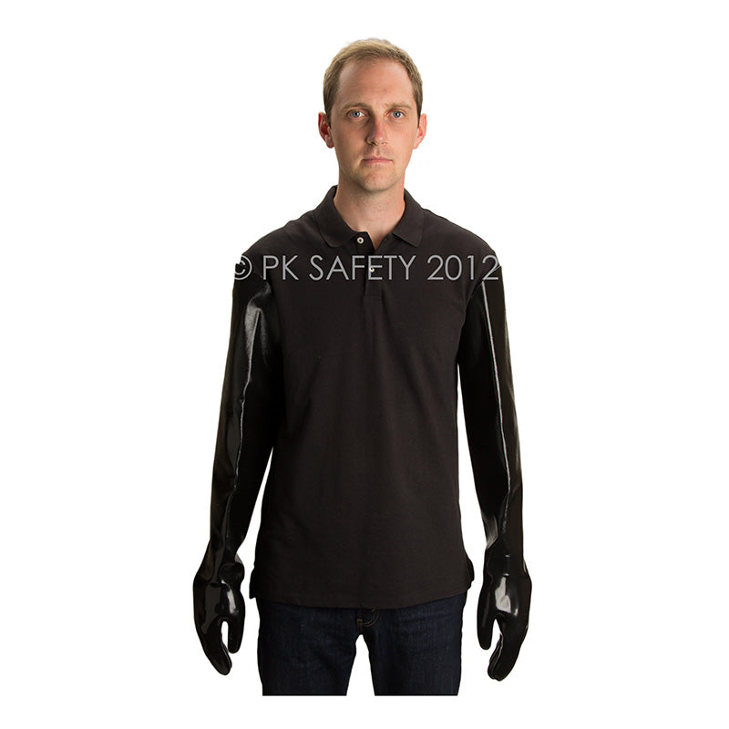 A man wearing a long-sleeve black shirt stands against a white background. He is wearing shoulder-length MCR Safety Memphis Black Jack Shoulder Length Gloves 6950 that cover his arms entirely.
