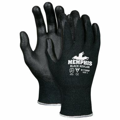 A pair of MCR Safety Memphis Black Kevlar Cut Protection Gloves 9178NF, featuring white text and symbols on the back, is displayed on a white background.