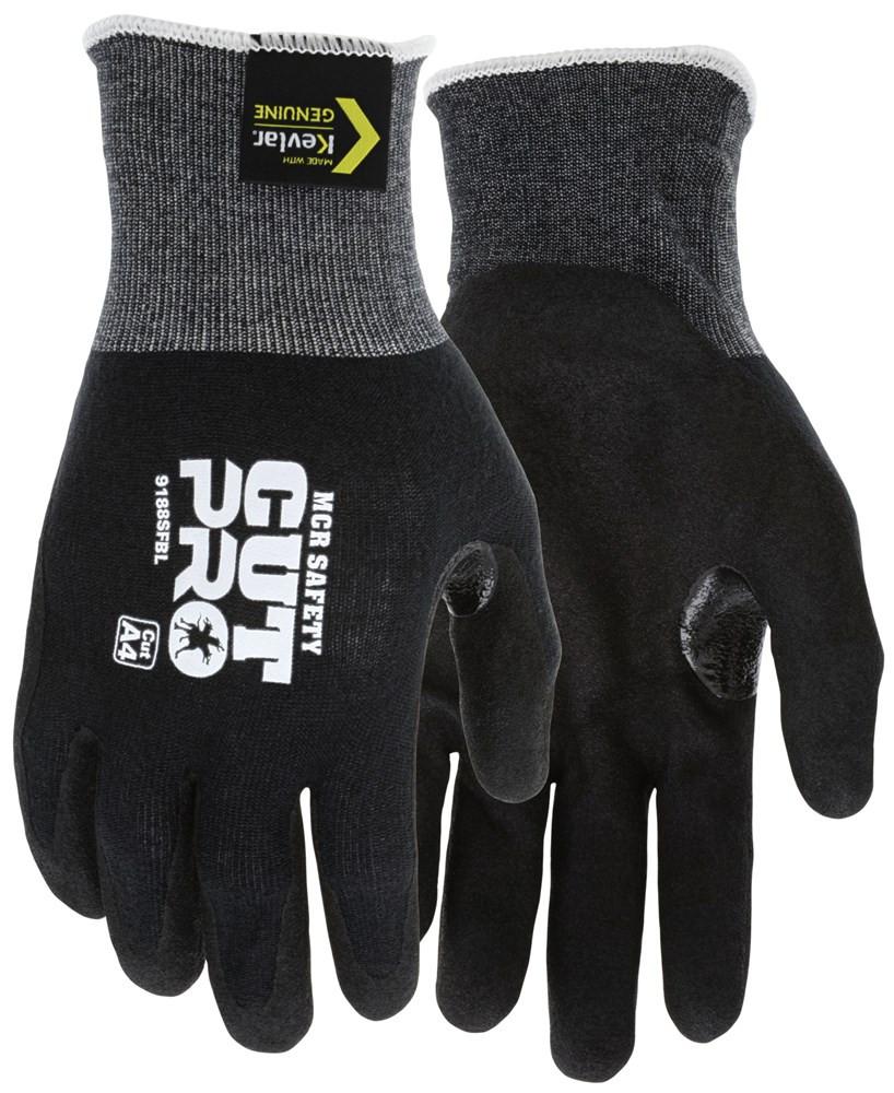 This pair of cut-resistant gloves, labeled with "MCR Safety CutPro" and "Kevlar Genuine" on the cuffs, combines black and gray design with Kevlar Comfort yarn for improved wearability. Featuring a textured black coating on the palms and fingers, these gloves offer ANSI Cut Level A4 protection.