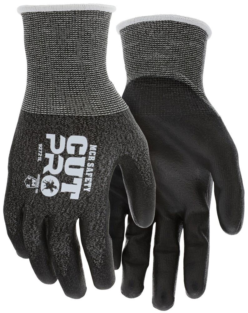 Discover the MCR Safety's MCR Cut Pro 21G HyperMax PU Coated Gloves, a pair of black and gray cut-resistant gloves adorned with "Cut Pro" text on the back. These gloves feature a durable HyperMax shell, textured grip for enhanced handling, and extended cuffs to ensure better wrist coverage. Designed for protection and practicality, they are labeled as size large and offer touchscreen-friendly convenience.