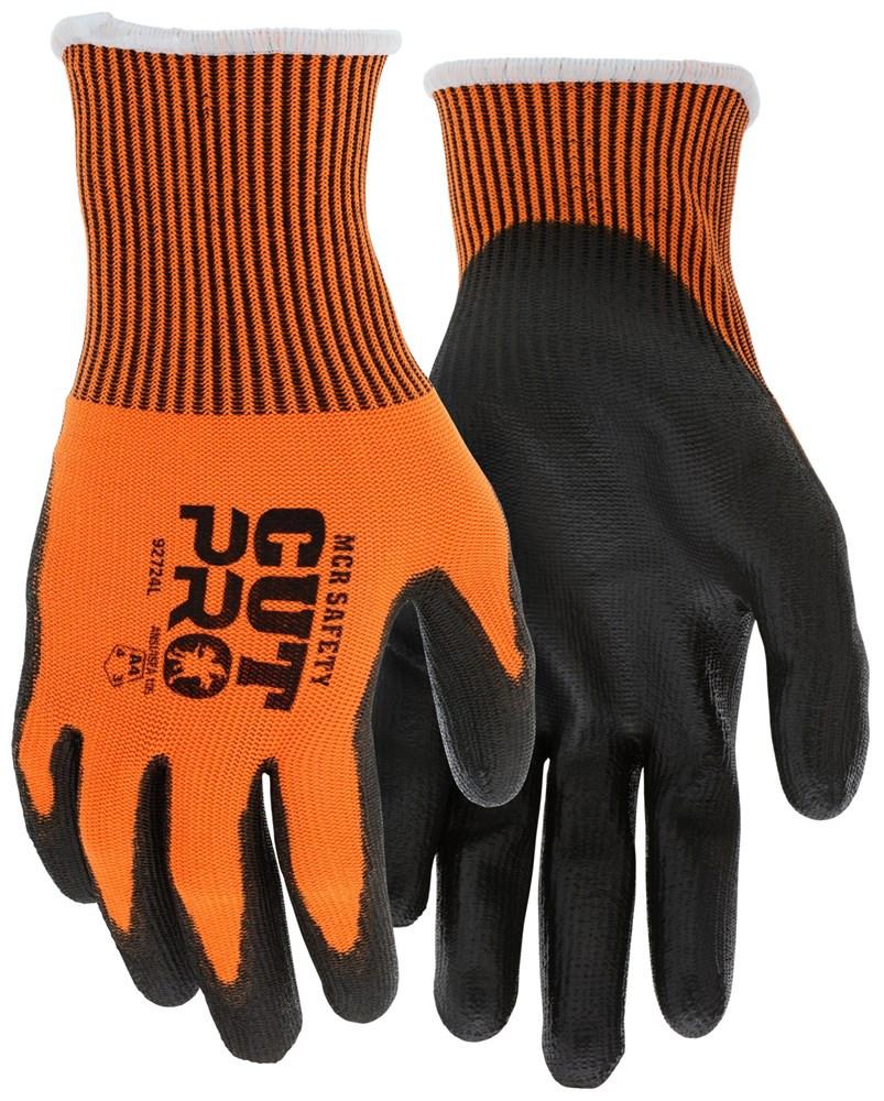 Introducing the MCR Cut Pro 13G Orange HyperMax PU Coated Gloves by MCR Safety. These orange and black work gloves are cut-resistant and crafted with a durable Hypermax shell and a polyurethane palm coating. The "Cut Pro" text highlights their safety ratings and brand details, while the textured surface enhances grip performance.