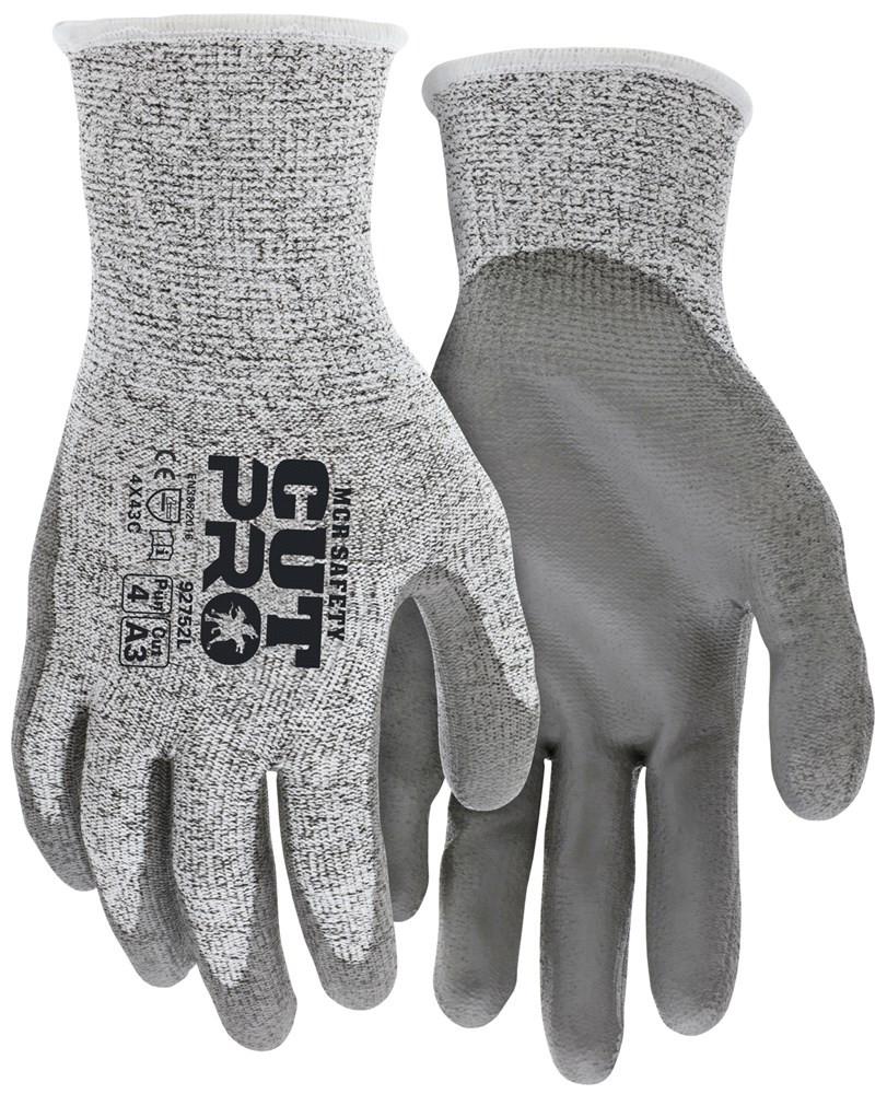 A pair of MCR Safety Cut Pro 13G HyperMax PU Coated gloves (92752), gray with darker gray coating on palms and fingertips, features "CUT PRO" and safety certifications printed on the back. Sold as a pack of 12 pairs.