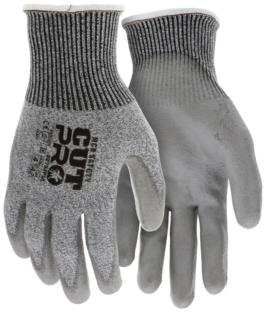 A pair of gray MCR Safety work gloves made from a 13-gauge HPPT/fiberglass shell with black ribbed cuffs, featuring a polyurethane coating for enhanced grip and printed text on the back of one hand.