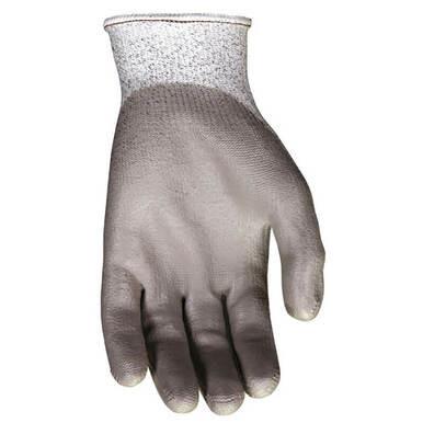 The MCR Safety Memphis Diamond Tech PU Dyneema Glove, 9672 (sold in packs of 12 pairs), is presented as a single gray work glove designed for protection and grip. It boasts a durable polyurethane coating, featuring a textured surface and a flexible cuff to enhance abrasion resistance.