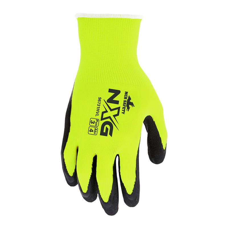 The MCR Safety NXG Hi-Vis Work Gloves 96731HV (12 pairs) offer a bright yellow design with black fingertips and trim to ensure safety and visibility. The back of these high-dexterity gloves features the NXG logo in black, as well as text and icons, making them perfect for multi-industrial use.
