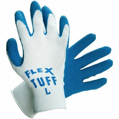 A pair of MCR Safety 9680 Flex-Tuff Gloves, designed with blue rubber fingers and palms, and a white string-knit fabric on the back. The words "FLEX TUFF L" are printed in blue on one glove, making them ideal for demanding tasks.