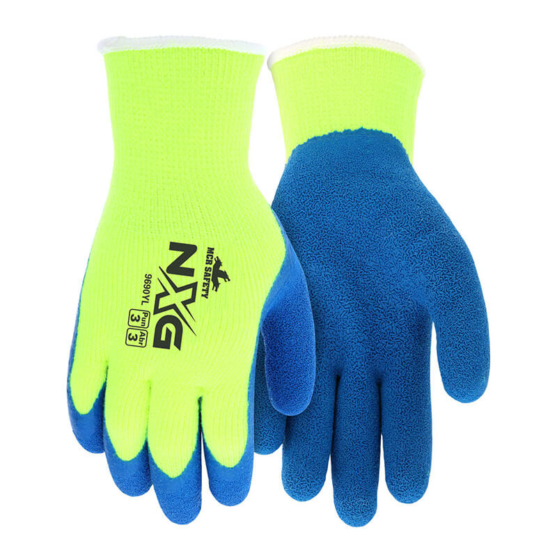 The MCR Safety NXG Insulated Hi-Vis Work Gloves 9690Y (12 pairs) feature bright yellow cuffs and blue palms and fingers. They offer high dexterity, boast the "NXG" logo on the back, and provide thermal protection for any task.
