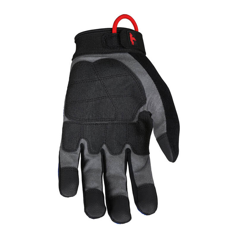 The MCR Safety Blue ForceFlex Multi-Task Gloves B100, by MCR Safety, are black gloves featuring TPR padding on the fingers and palm, along with a hook or loop at the wrist for convenient hanging. These gloves are designed for durability and provide metacarpal protection during manual tasks.