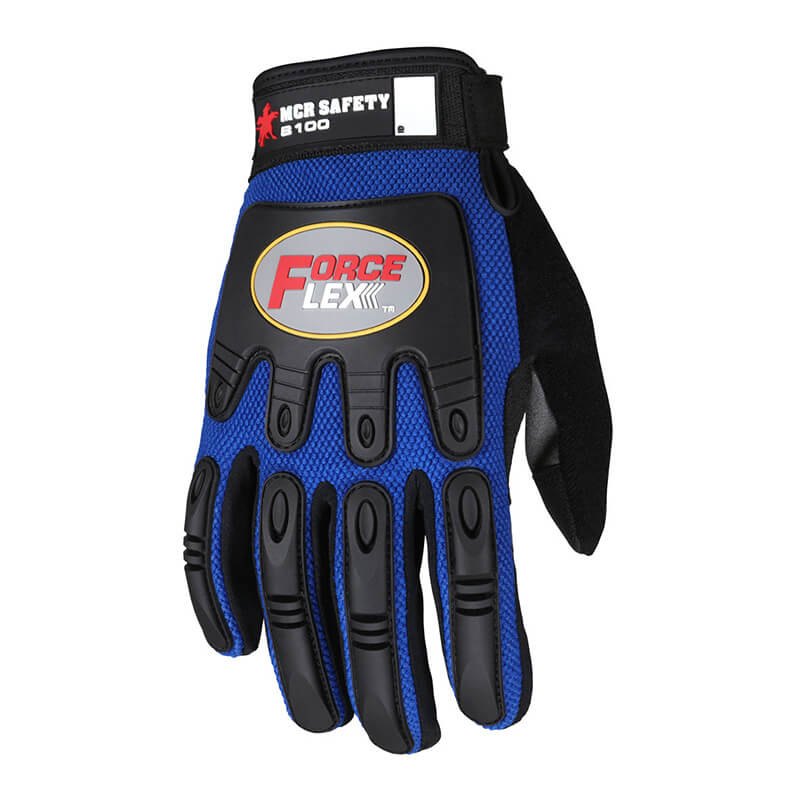 Introducing the MCR Safety Blue ForceFlex Multi-Task Gloves B100, crafted by MCR Safety. These gloves feature a striking blue and black design with reinforced TPR padding and "Force Flex" technology on the knuckles, along with "Memphis Gloves" branding on the wrist strap. Designed for superior metacarpal protection, they come equipped with a hook at the cuff for easy hanging.