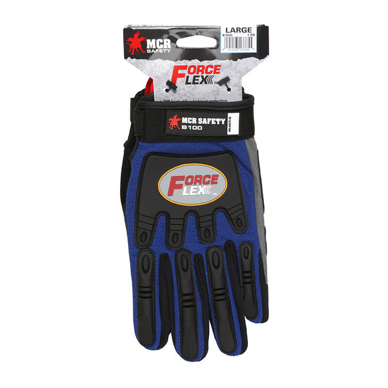 A pair of MCR Safety Blue ForceFlex Multi-Task Gloves B100 is displayed in its packaging. The gloves feature reinforced knuckles and TPR padding for enhanced protection, designed for multi-purpose use. The top label shows the brand "MCR Safety" and size "L.