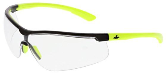 The MCR Klondike KD7 Series by MCR Safety features safety glasses with clear, anti-fog UV420 MAX6 lenses and neon yellow arms for UV protection. The frame is black with a discreet black logo on the side.