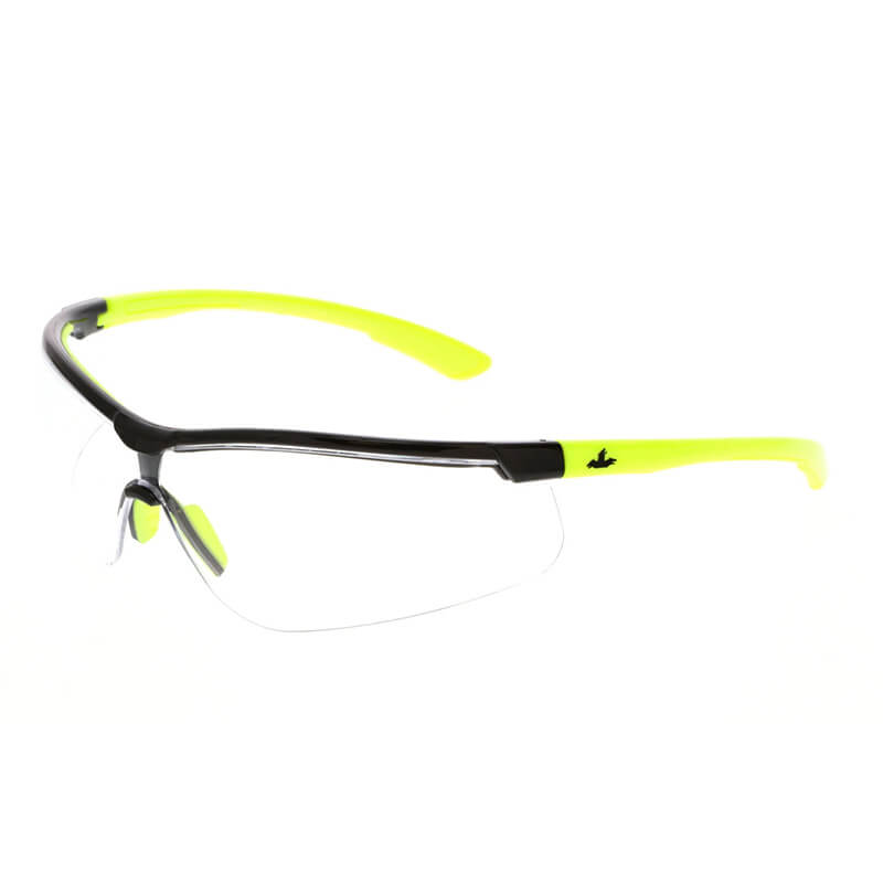 The MCR Klondike KD7 Series by MCR Safety features safety glasses with clear, anti-fog UV420 MAX6 lenses and neon yellow arms for UV protection. The frame is black with a discreet black logo on the side.