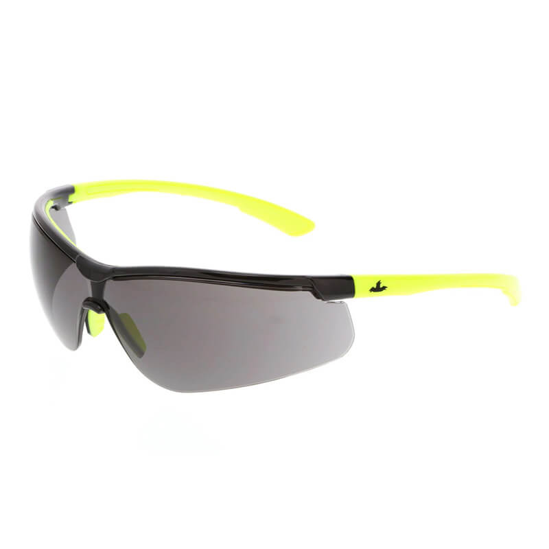 MCR Safety's Klondike KD7 Series features sleek safety glasses equipped with anti-fog, dark tinted lenses and bright neon yellow arms. These glasses offer UV protection and display a small black logo on the side.