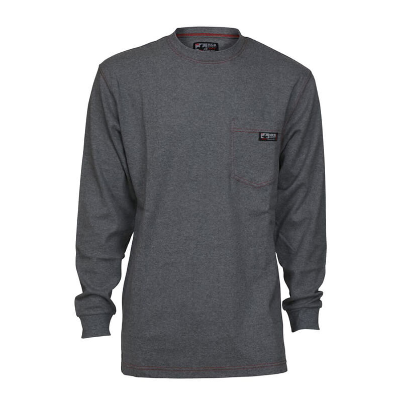 The MCR Safety FR Lightweight Long Sleeve T-Shirt Gray LST1G is a dark gray, NFPA 2112-compliant FR cotton shirt featuring a crew neckline, small left chest pocket with logo patch, and is made of soft material.
