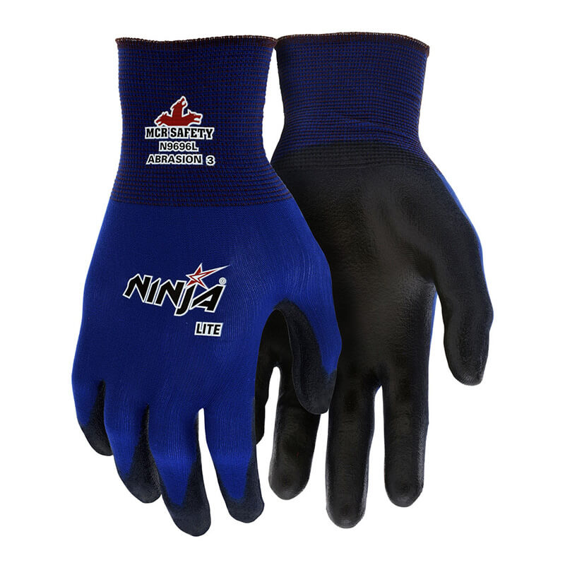 Each pair of MCR Safety Ninja Lite Work Gloves N9696 is constructed with a durable 18-gauge nylon shell featuring blue fabric on the upper side and a black PU-coated palm. The gloves are branded with the MC Safety logo and provide abrasion resistance at level 3.