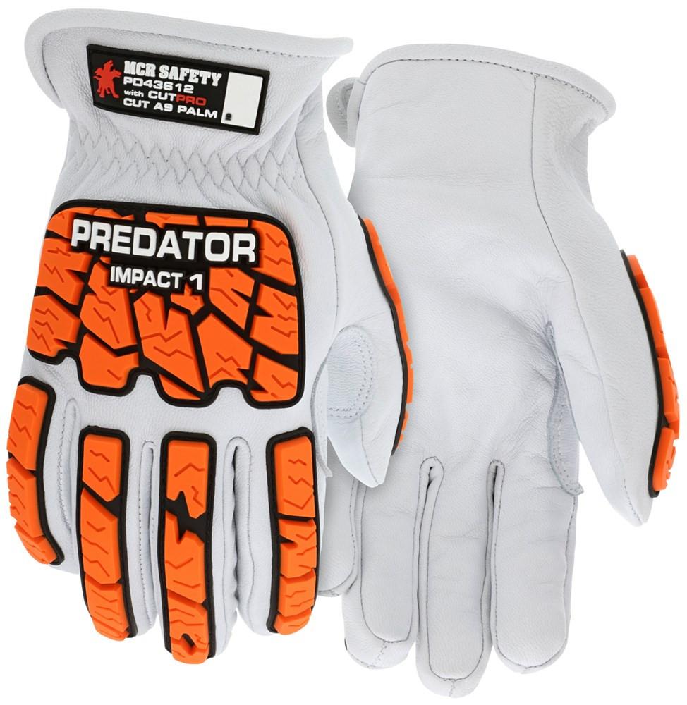 Introducing the MCR Safety Predator Goatskin Mechanics Drivers, a pair of white and orange protective gloves boasting a rugged design. The back displays "PREDATOR IMPACT 1" in striking black and orange lettering, complemented by reinforced orange padding on the knuckles and fingers. These gloves provide ANSI cut protection to enhance industrial safety.