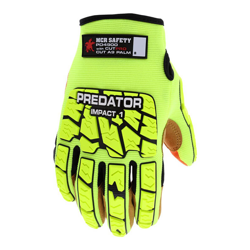 A vibrant yellow safety glove from MCR Safety, known as the "MCR Predator Impact 1 MAXGrid Hi-Vis CutPro Gloves PD4900," features black and orange accents. This glove is designed with a textured, reinforced structure on the fingers and back for improved grip and Kevlar cut protection to ensure superior safety.
