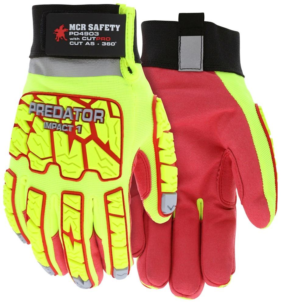 Neon yellow and red safety gloves with black wristbands and reflective patches. Labeled "MCR Safety Predator Impact 1 CutPro 360," these high-visibility work gloves boast reinforced padded areas for hand protection, along with a cut-resistant liner for extra security.