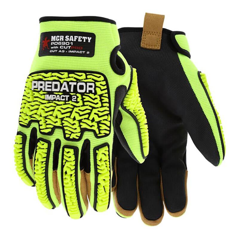 The MCR Predator Impact Gloves by MCR Safety, in neon yellow and black, provide excellent impact protection with raised rubberized texturing. They have cut-resistant palms for superior grip and a velcro closure, proudly showcasing the "Predator Impact 2" logo. Ideal for safety and visibility on any job site.