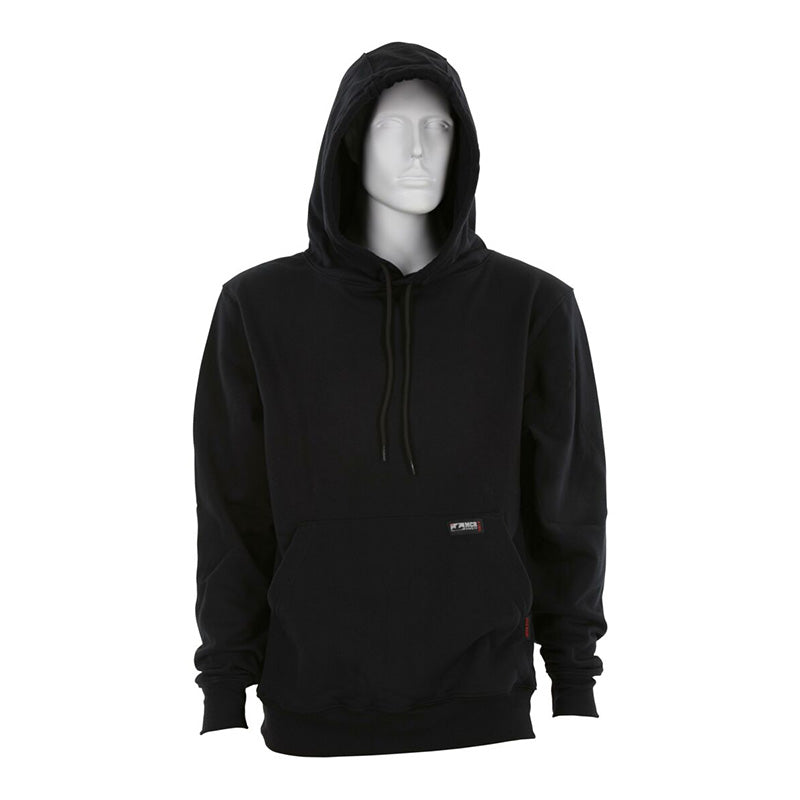 The MCR Safety FR Max Comfort Hooded Sweatshirt Black SS2BK is displayed on a faceless mannequin, featuring a front pocket and drawstrings. Designed for maximum comfort, it's also NFPA 2112 certified, offering both style and safety.