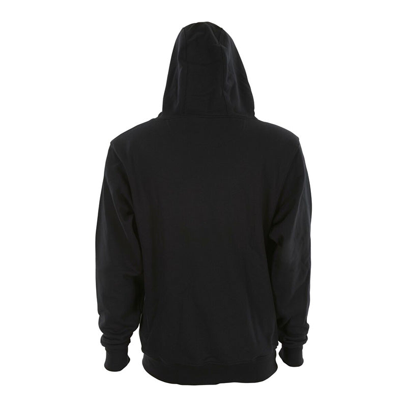 The MCR Safety MCR FR Max Comfort Hooded Sweatshirt Black SS2BK is seen from the back with its hood up, showcasing a simple and plain design with long sleeves and a relaxed fit. This black hoodie exudes comfort and is displayed against a plain white background.