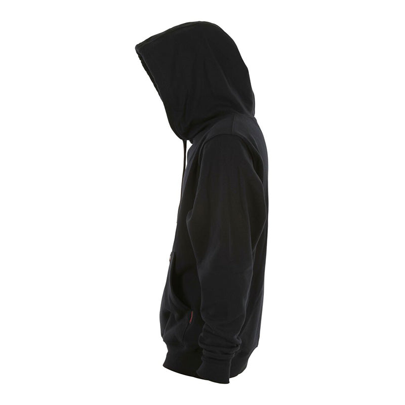 A MCR Safety FR Max Comfort Hooded Sweatshirt Black SS2BK, featuring NFPA 2112 certification and flame resistance, is displayed on a mannequin viewed from the side. With the hood up, it ensures maximum comfort while concealing the mannequin's face.