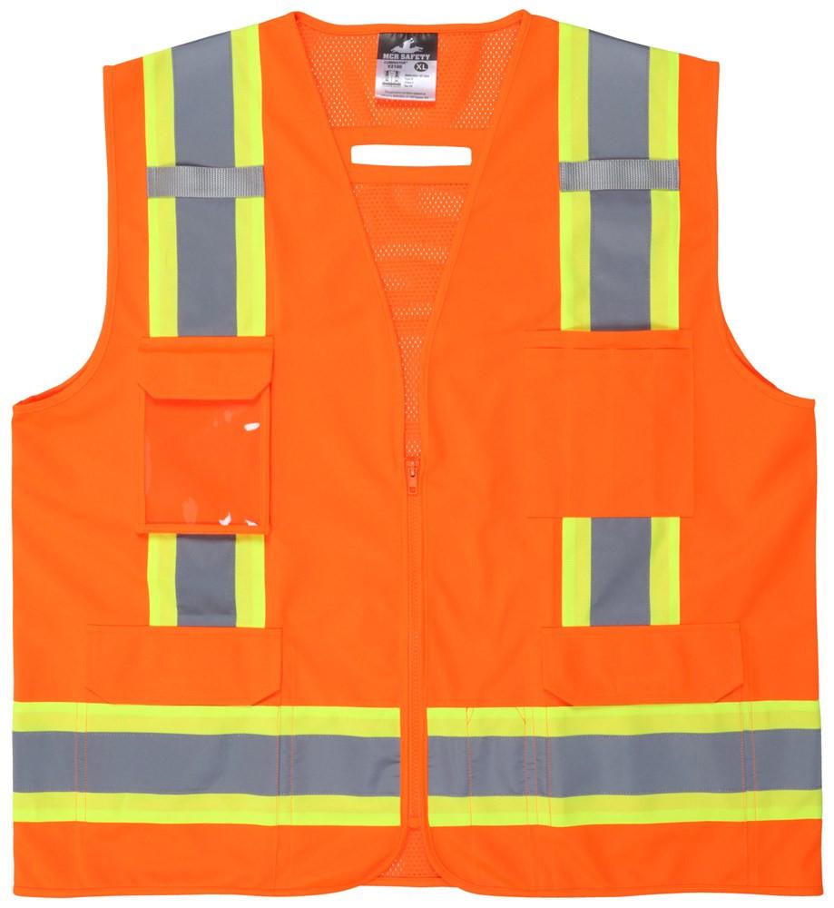The MCR Safety Luminator Series Hi Vis Reflective Safety Vest is presented flat and viewed from the front. This orange vest boasts reflective silver and yellow horizontal and vertical stripes, includes pockets, and a front zipper, while adhering to ANSI/ISEA 107 standards.