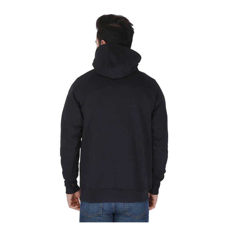A person wearing a ForgeFR Forge FR Pullover Hoodie MFRHDY0033 (black, NFPA 2112, ATPV 21 cal/cm²) and blue jeans stands with their back to the camera against a plain white background.